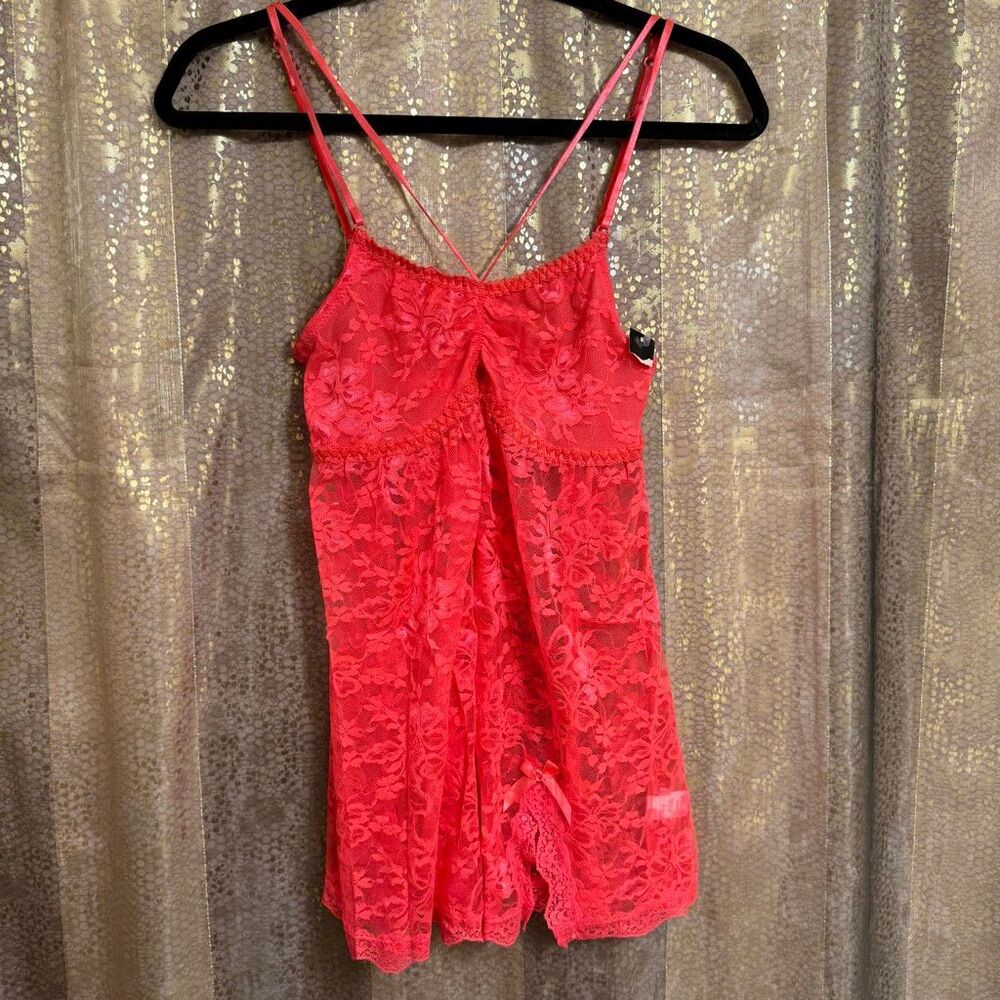 Passion Forever Bright Coral Lace Lingerie Babydoll Slip Small NWT